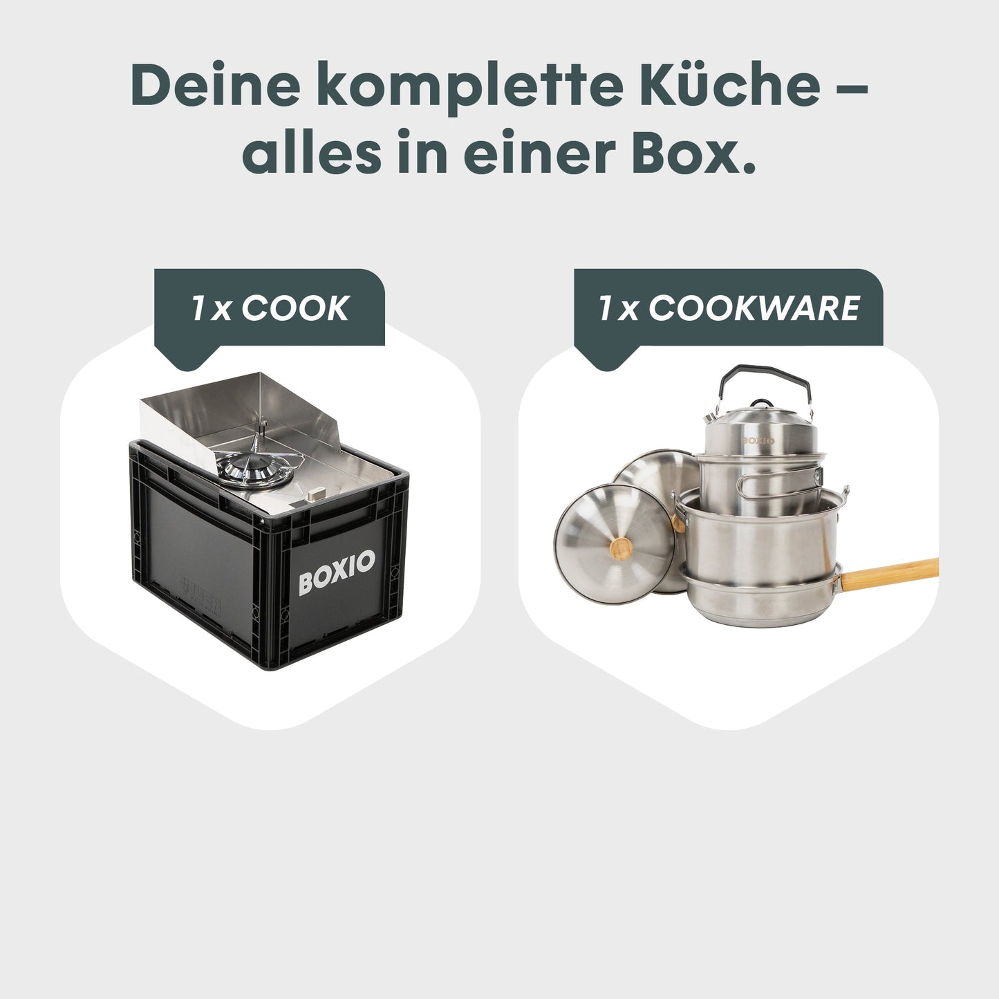 BOXIO COOK PLUS – Mobiler Gaskocher mit Topfset