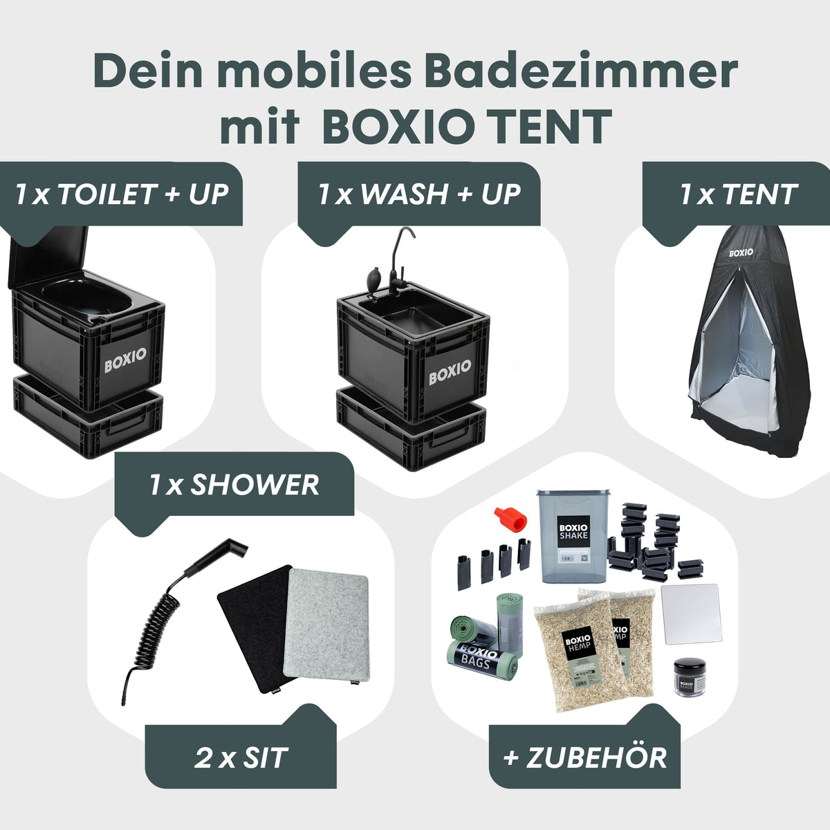 BOXIO SANITARY PLUS – Mobiles Badezimmer mit Zelt