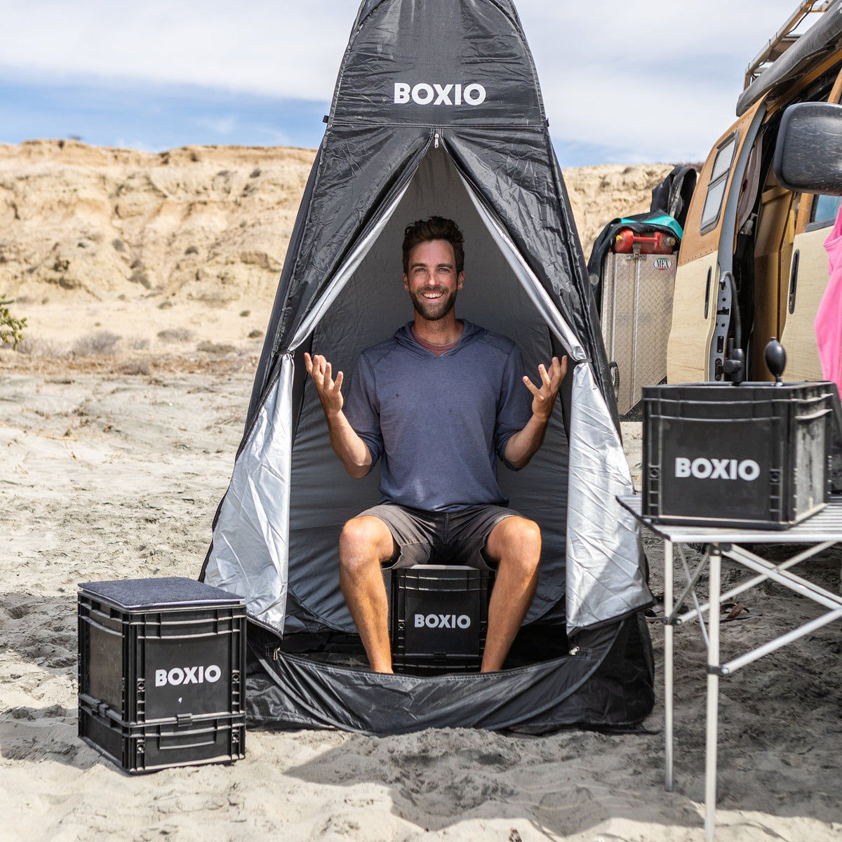 BOXIO SANITARY PLUS – Mobiles Badezimmer mit Zelt