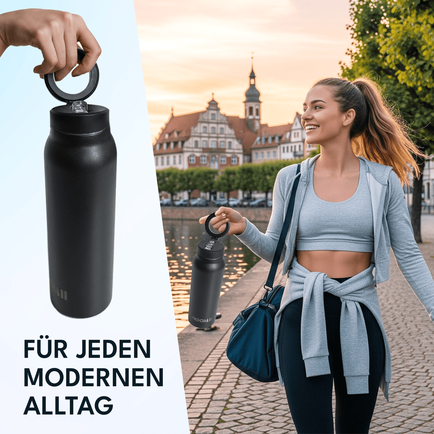NooMii Edelstahl-Trinkflasche 800 ml – mit Magnetdeckel & Handyhalter