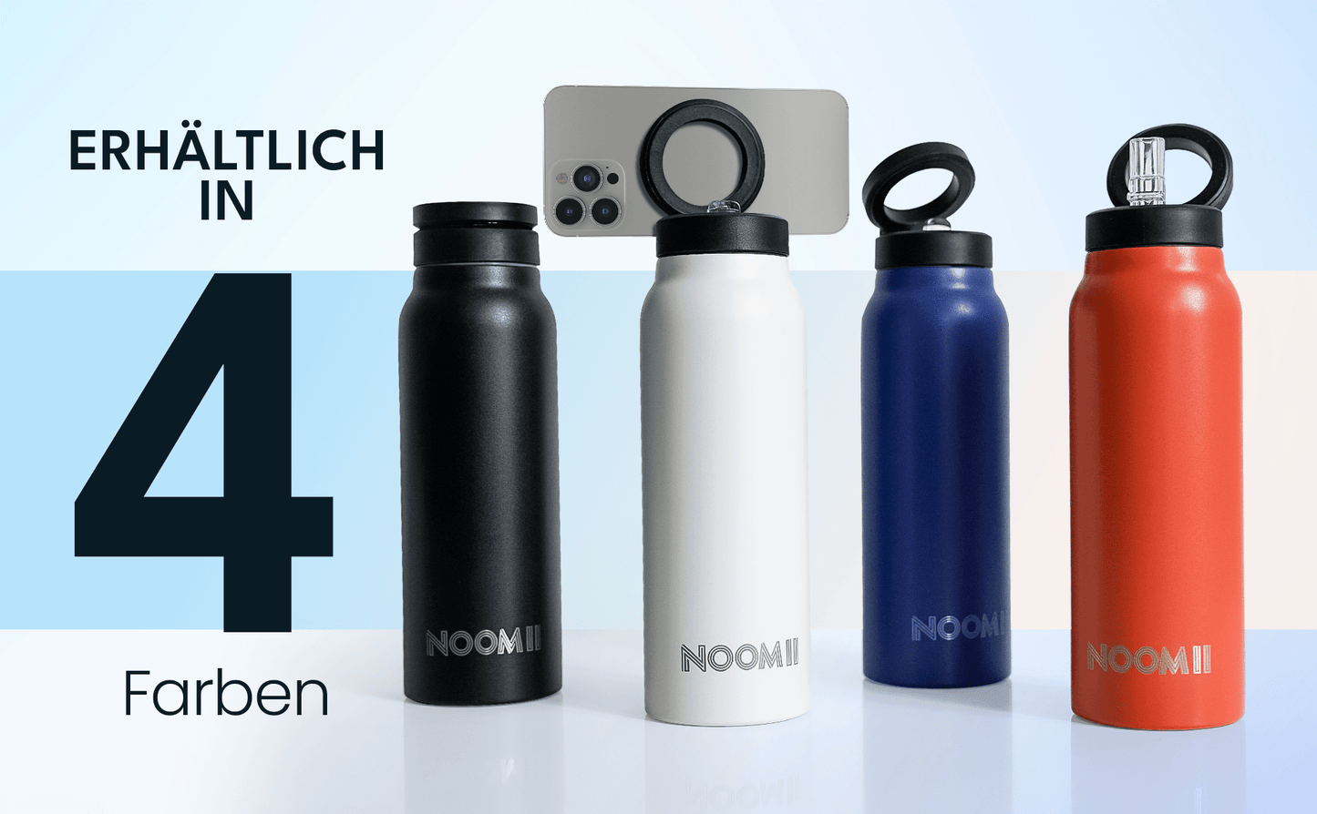 NooMii Edelstahl-Trinkflasche 800 ml – mit Magnetdeckel & Handyhalter