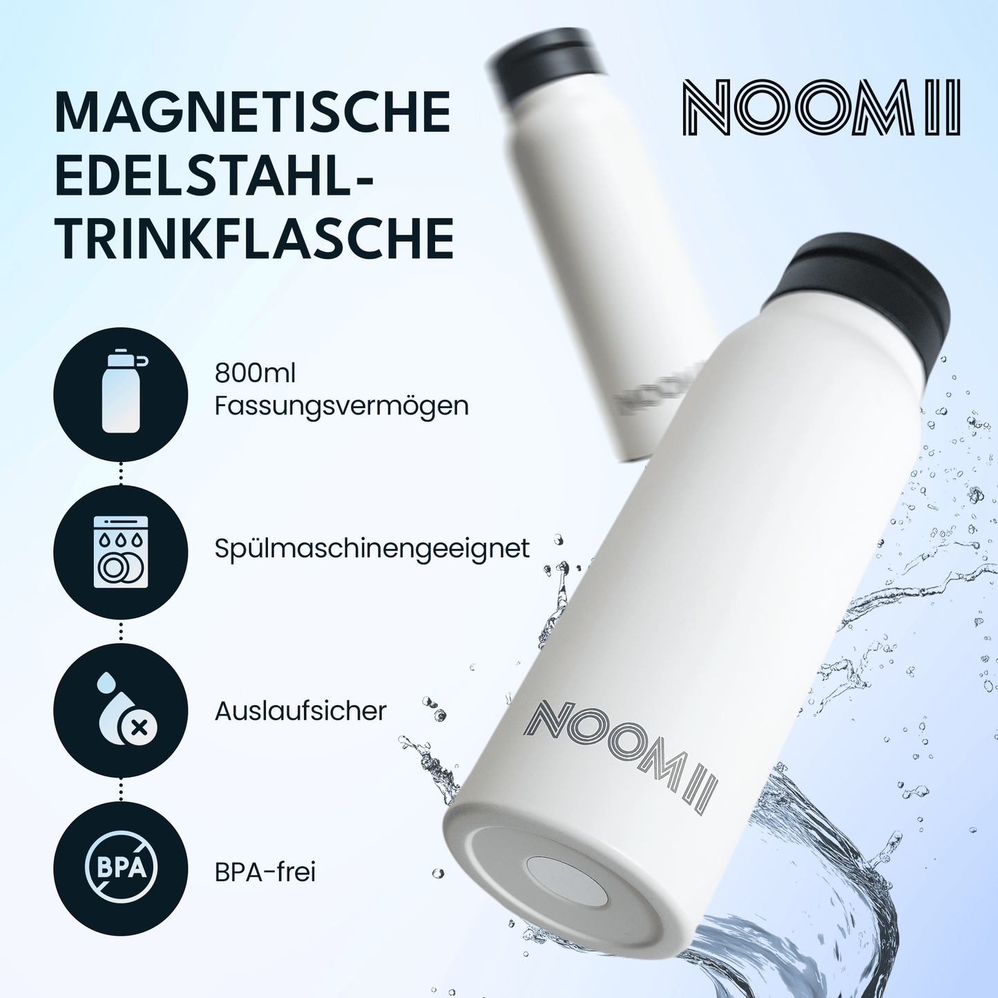 NooMii Edelstahl-Trinkflasche 800 ml – mit Magnetdeckel & Handyhalter