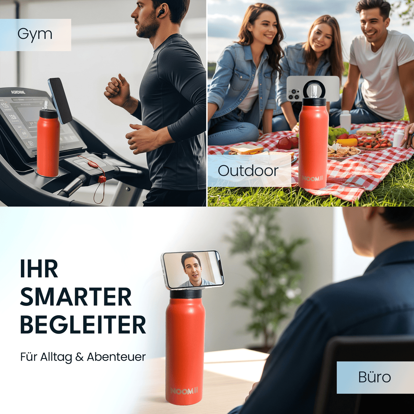 NooMii Edelstahl-Trinkflasche 800 ml – mit Magnetdeckel & Handyhalter