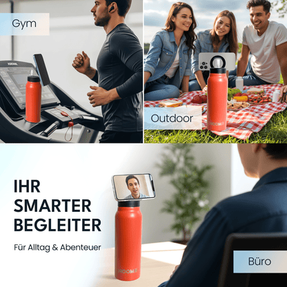 NooMii Edelstahl-Trinkflasche 800 ml – mit Magnetdeckel & Handyhalter