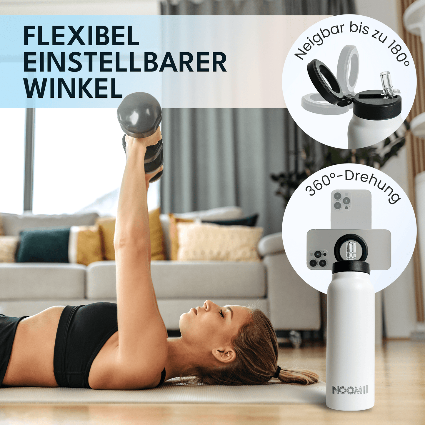 NooMii Edelstahl-Trinkflasche 800 ml – mit Magnetdeckel & Handyhalter