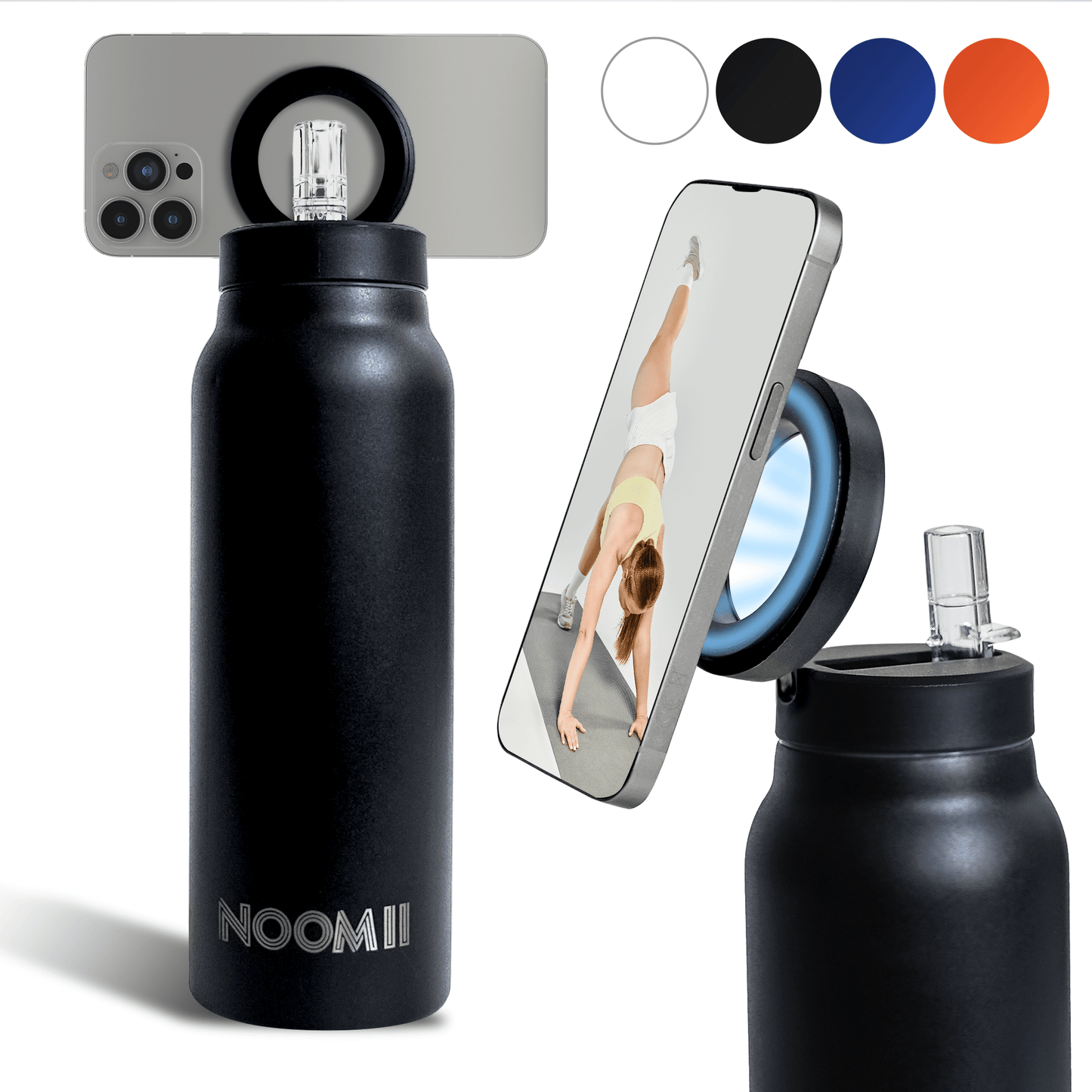 NooMii Edelstahl-Trinkflasche 800 ml – mit Magnetdeckel & Handyhalter